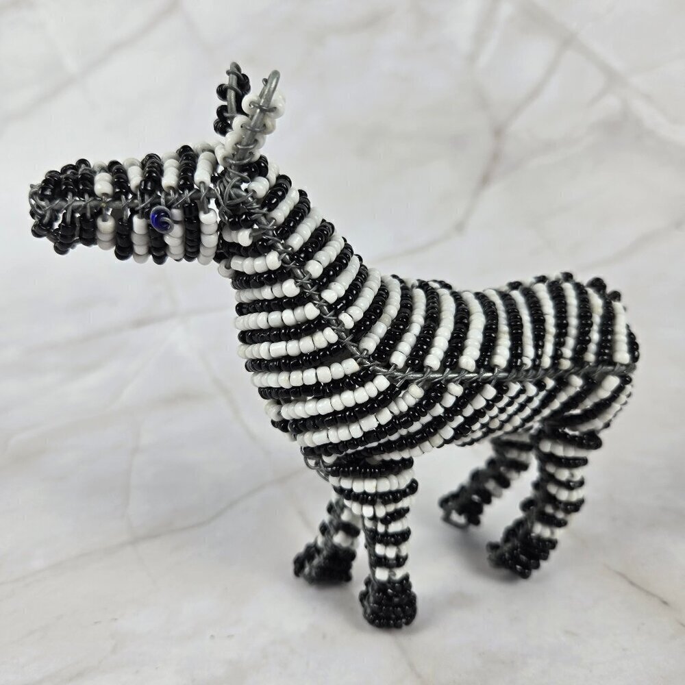 Black & White Beaded Zebra Figurine Handmade Home Office Decor Decoration